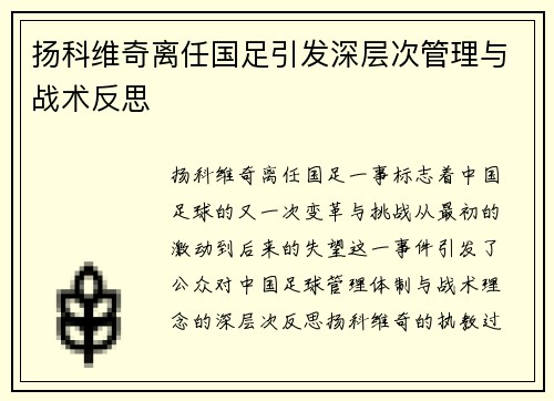扬科维奇离任国足引发深层次管理与战术反思